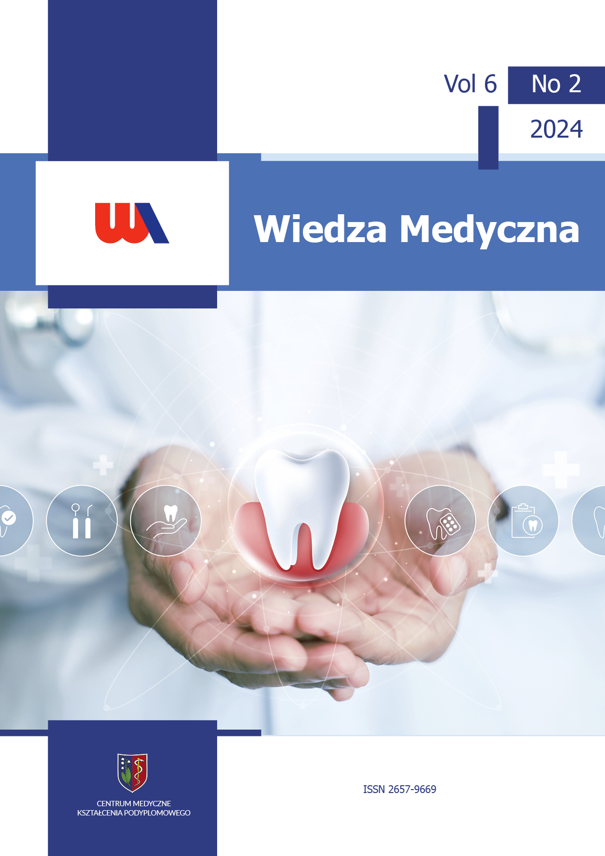 Cover of the magazine Wiedza Medyczna volume 6 issue 2 2024. The graphic shows a dentist holding his hands together in front of him. Above the hands floats a graphic of a tooth and medical icons.